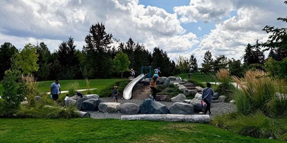A playground with a slide and people enjoying the outdoors. at Madison Sierra Sun, Puyallup, 98374
