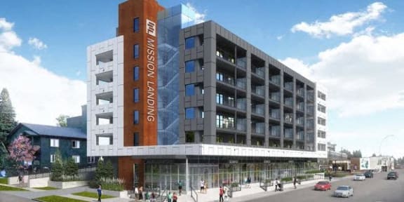 a rendering of a building on a city street