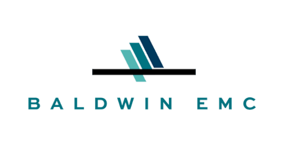 The image is a logo of Baldwin EMC featuring a stylized letter 'A' and the company name.