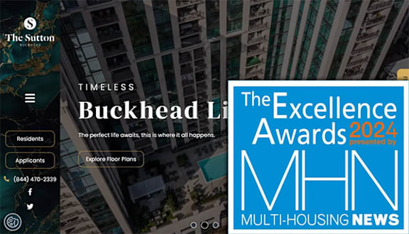A webpage header for The Sutton at Timeless with a cityscape background.