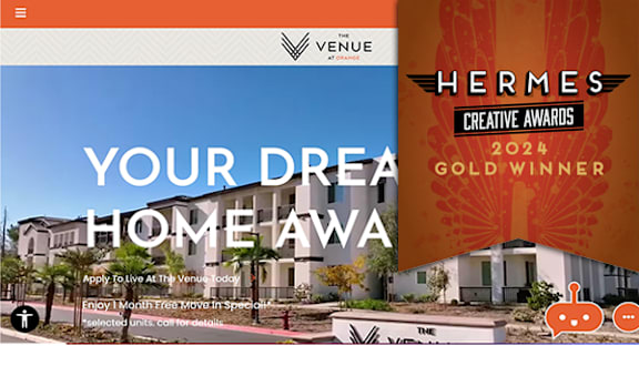 A webpage advertisement for a home in Venue at The Venue, featuring a Hermes Creative Awards 2024 Gold Winner badge.