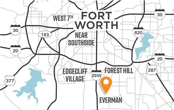 A map of the Fort Worth area with a marker on Everman.
