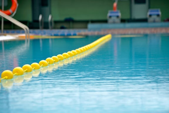 a row of yellow buoys in a swimming pool