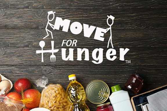 A poster with the text "MOVE FOR FURGER" and images of two stick figures, one holding a fork and the other a bottle of oil, surrounded by food items on a wooden background.