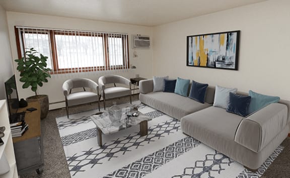 a living room with a couch and two chairs
