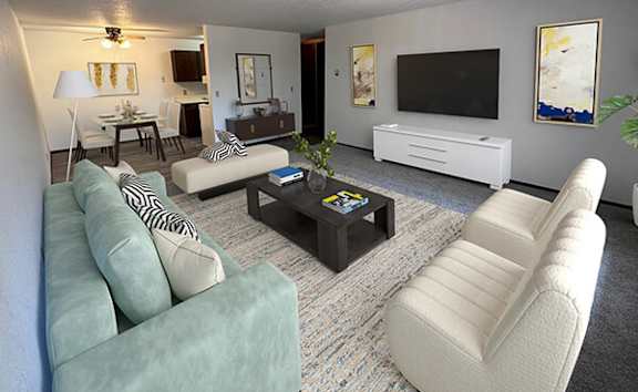 spacious living room in apartment with connected dining room