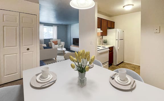 Dining area with attached living room and kitchen