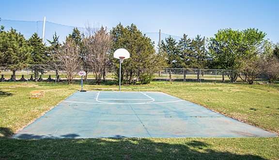 A basketball court in a park with a net and a hoop.