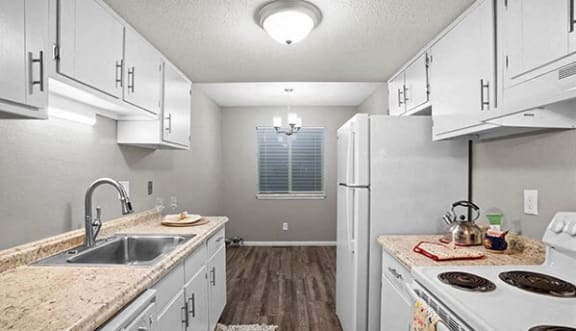 a kitchen with a stove and a sink and a refrigerator