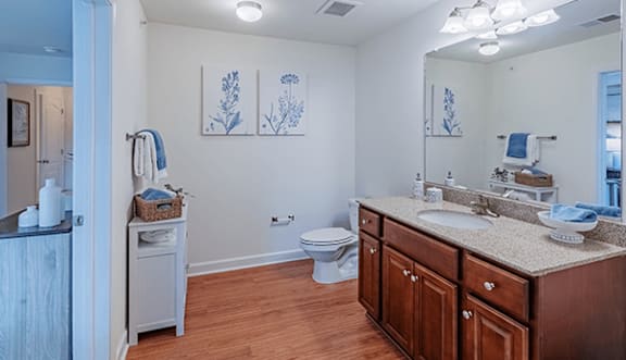 A bathroom with a toilet, sink, and mirror.