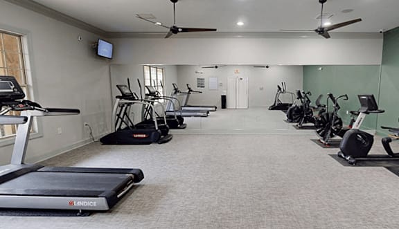 A gym with treadmills, elliptical machines, and a television.
