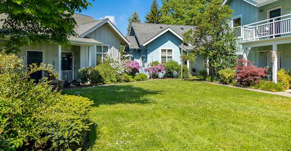 A sunny day in a suburban neighborhood with a well-kept lawn and colorful flowers.