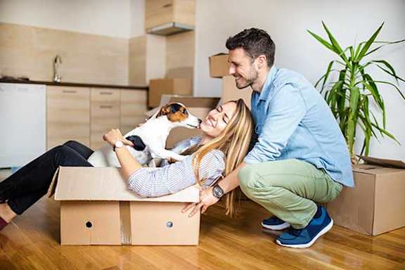 A man and woman are sitting in a cardboard box with a dog.
