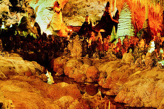 A group of people are standing on a rocky terrain.