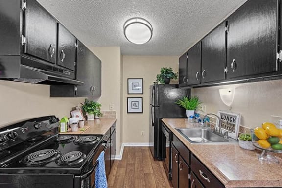 a kitchen with black appliances and black cabinets
