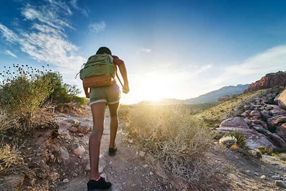 A person is hiking on a rocky trail in the mountains.