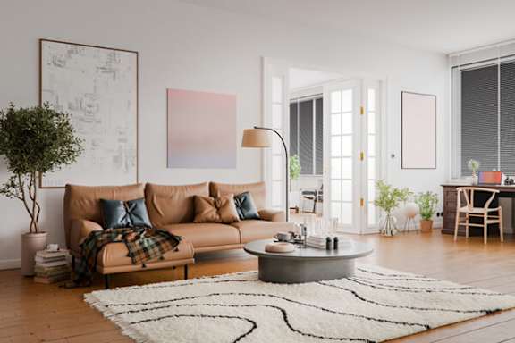 A living room with a brown sofa and a white rug.