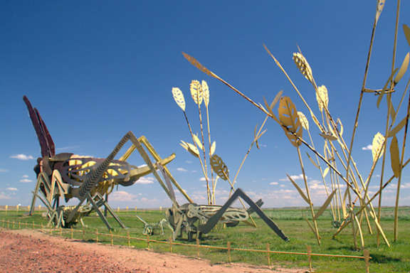 A field of grass with a chair and a table in the middle.