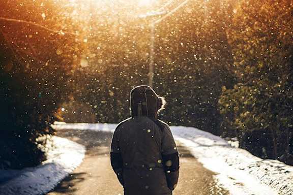 A person in a hoodie is walking down a snowy path with sunlight shining through the trees.
