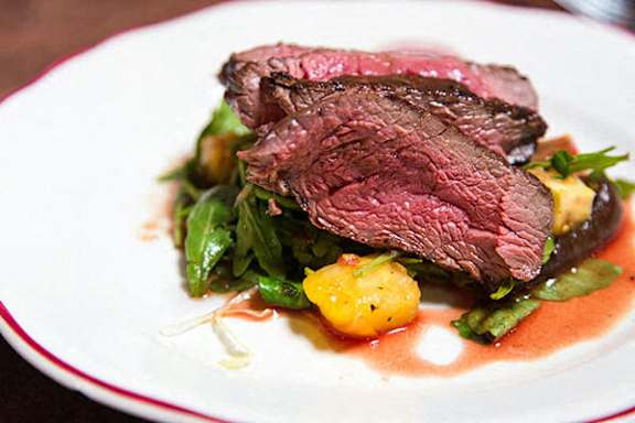A plate of food with meat and vegetables.