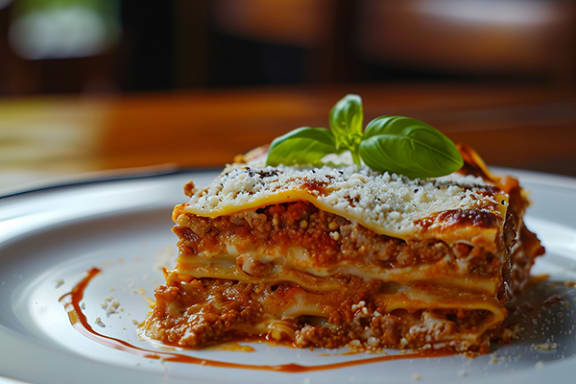 a slice of lasagna on a white plate with sauce and a basil leaf