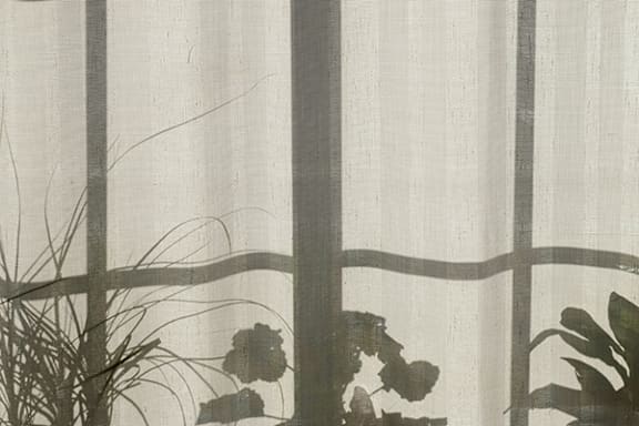 a black and white photo of a curtain with flowers
