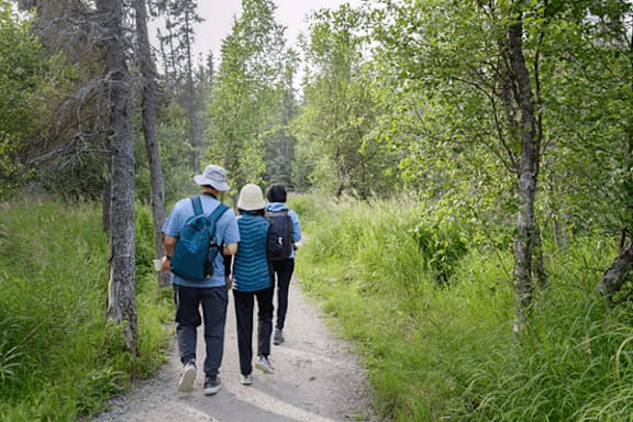 Three people walking on a path in the woods.
