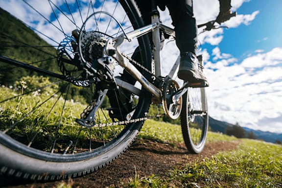 A person is riding a bicycle on a dirt trail.