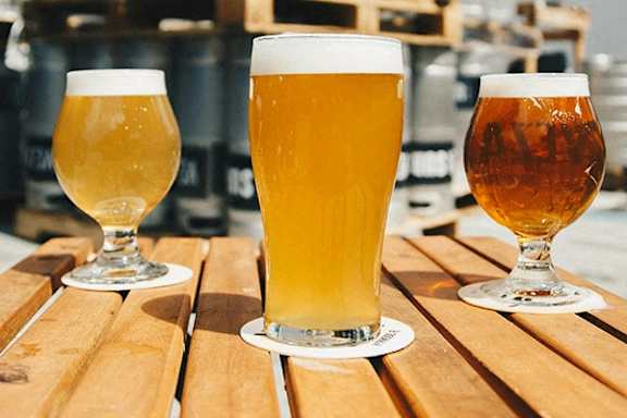 two people holding up glasses of beer at a bar