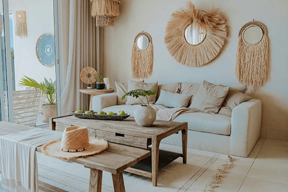 A living room with a white couch, a wooden coffee table, and a straw hat on top of it.