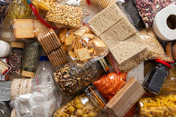 A variety of food items are displayed in a pile.