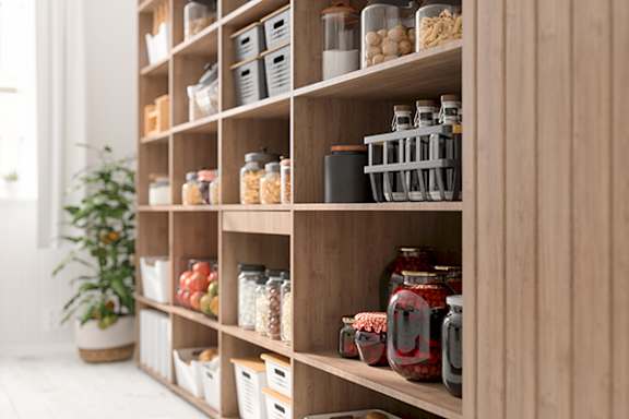 A wooden spice rack with various spices and containers on it.