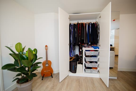 a white open closet with a guitar in the corner