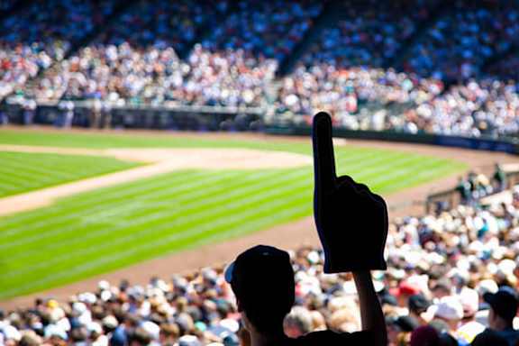 A person is holding up a black object in front of a crowd at a baseball game.