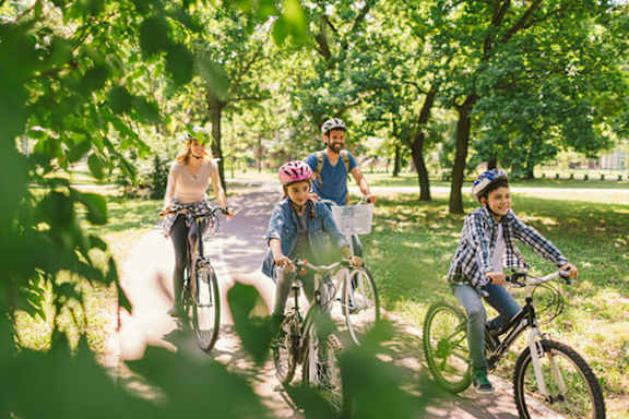 A family of four is riding bikes through a park.