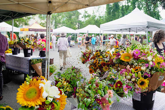 A flower market with a variety of flowers on display.