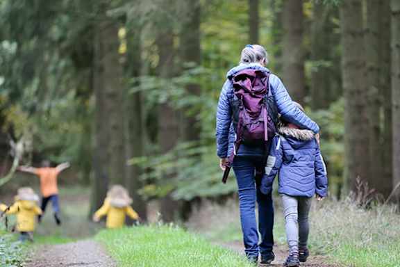 A woman and a child are walking on a path in the woods.