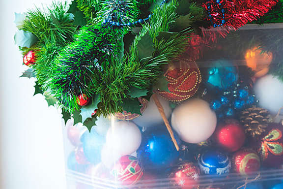A collection of Christmas ornaments in various colors.
