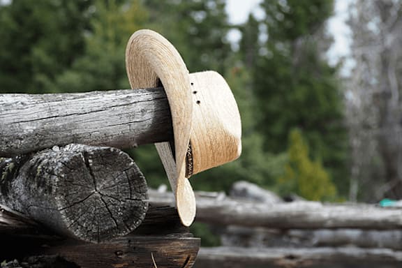 A cowboy hat is placed on a log in a forest.