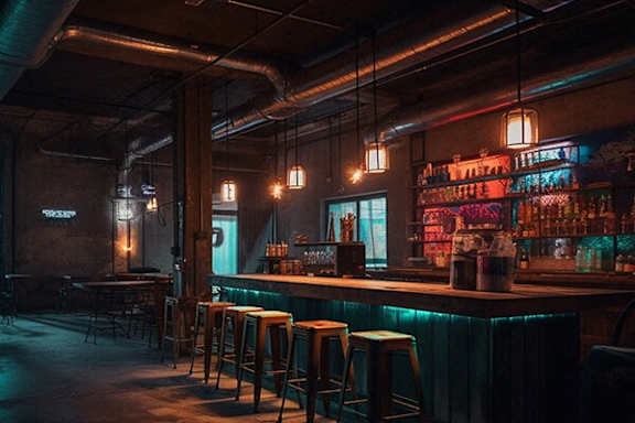 a bar with bar stools in a dark restaurant