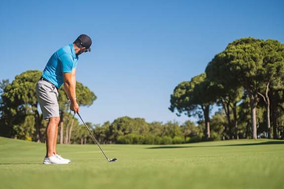 A man in a blue shirt and grey shorts is playing golf on a sunny day.