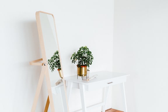 a white desk with a potted plant in front of a mirror