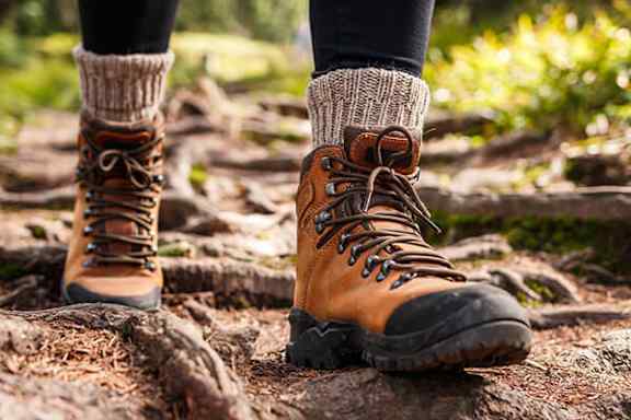A pair of brown hiking boots with laces and a thick sock on a person's foot.