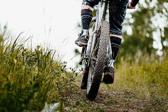 A person riding a bicycle on a trail.