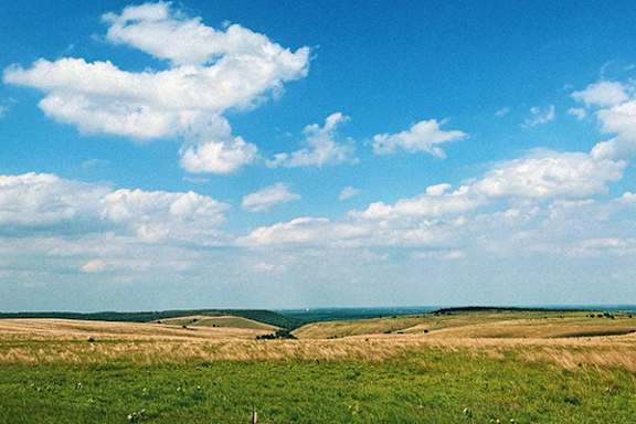 A field with patches of green grass and brown dirt under a blue sky with white clouds.