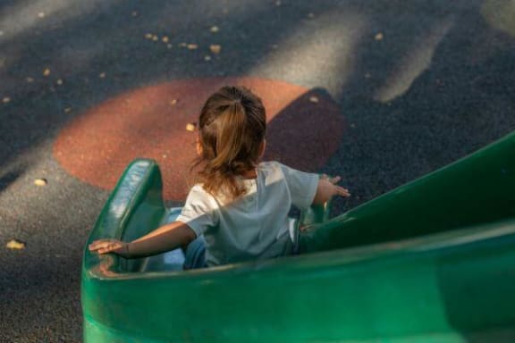 a little girl in a green slide