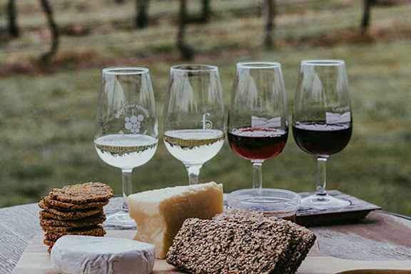 A table with four glasses of wine and cheese.