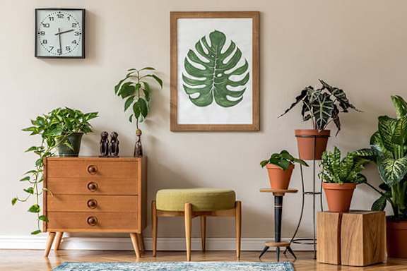 A living room with a wooden dresser, a green chair, a clock, a framed leaf print, and several potted plants.