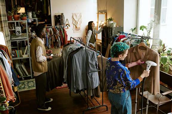 Three people in a room with clothes on racks.