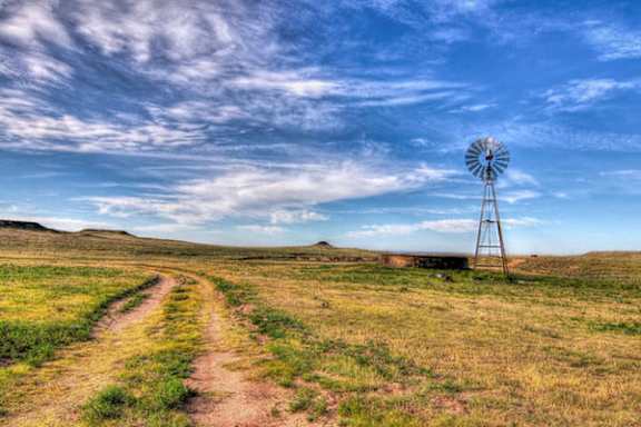 A windmill stands in a field with a dirt road leading to it.